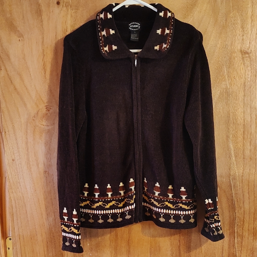Designers Originals Chenille Cardigan Brown Rust Cream Zip Front Cozy Grandma S